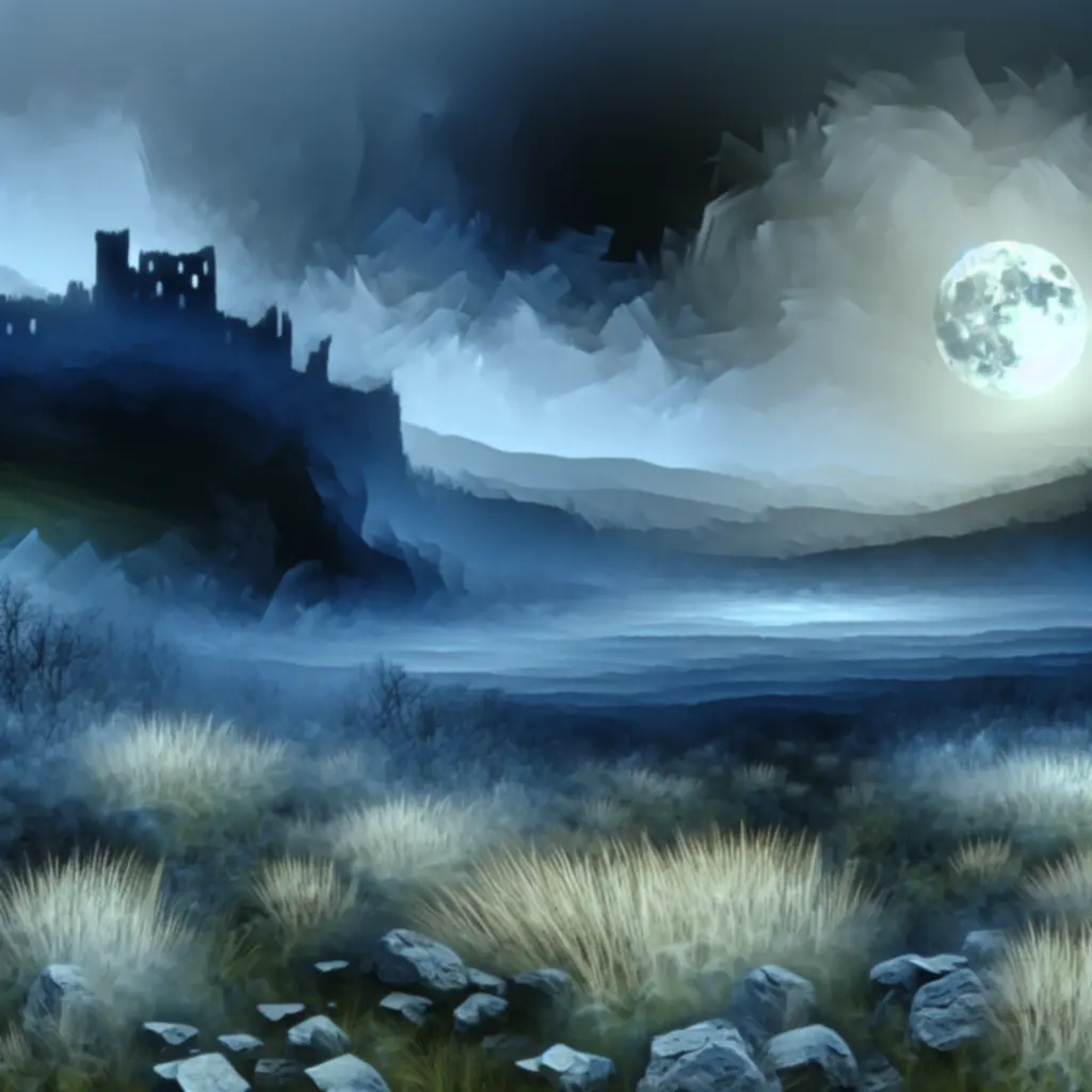 Melancholijny pejzaż świata Unbroken Soul: ruiny zamku, księżyc i mgła nad doliną